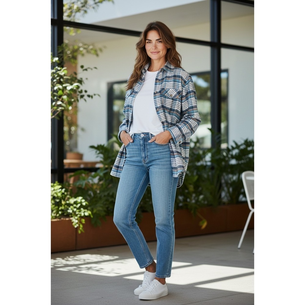 L.L.Bean Whisper Lodge Plaid Flannel Shirt Women Blue Gray Button Up Stretch XS